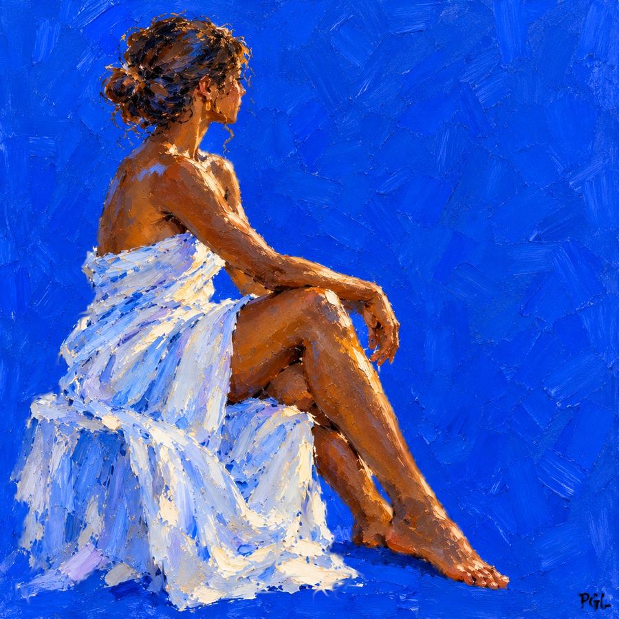 Ève, femme en robe blanche sur fond bleu